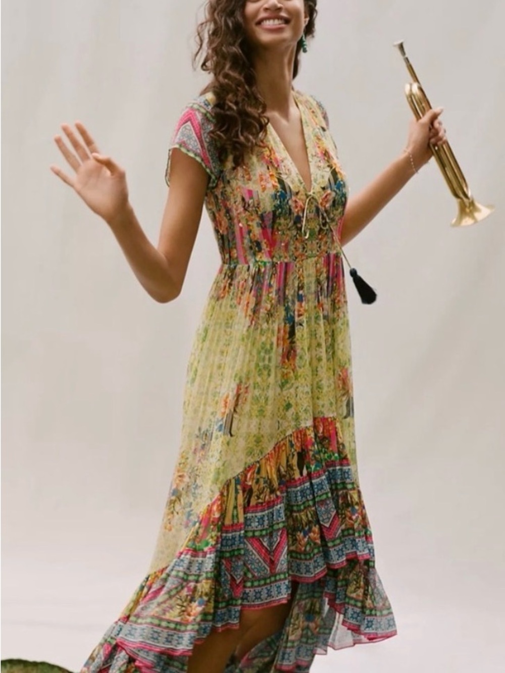 Anthropologie Dress Yellow Floral High-Low Maxi Dress with V-Neck by Bhahnini